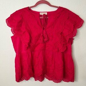 Jennifer & Grace pink blouse ruffled butterfly sleeves and eyelet lace Size XL